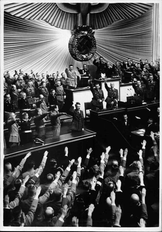 Adolf Hitler delivering a speech to vindicate the invasion of Poland